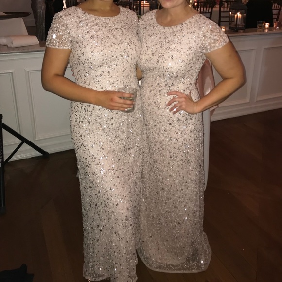 ADRIANNA PAPELL SHORT SLEEVE SEQUIN MESH GOWN